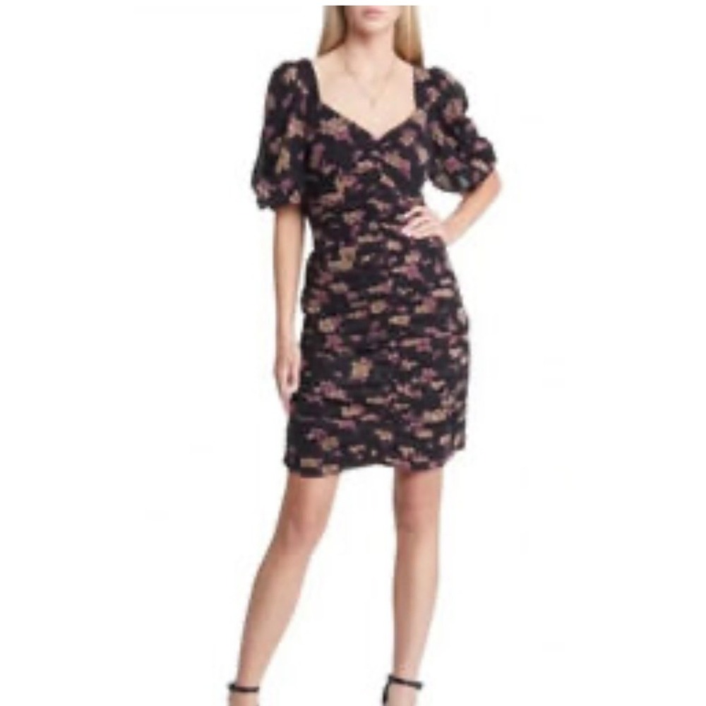Open Edit Womens XS Black Floral Ruched Puff Sleeve Mini Dress Sweetheart Neck